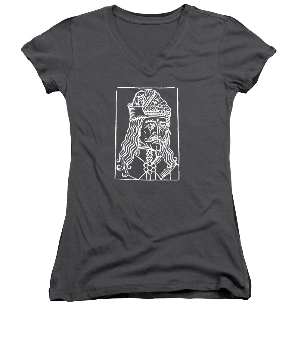 Charcoal women's V-neck T-shirt with white woodcut-style Dracula graphic