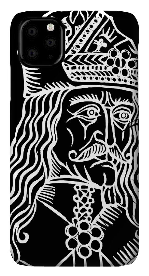 Black phone case with white woodcut-style Dracula portrait and ornate cross, triple camera cutouts