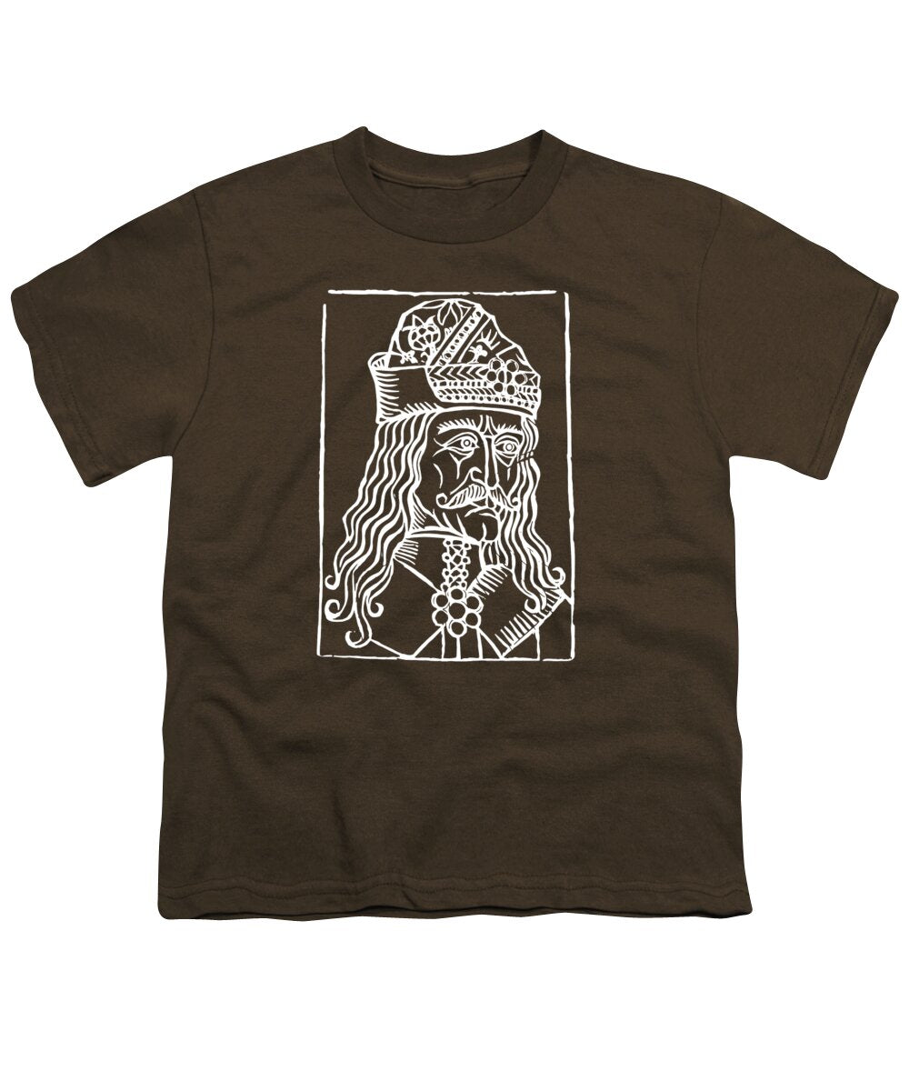 Youth T-shirt, coffee brown with white Dracula woodcut face graphic in a rectangular frame