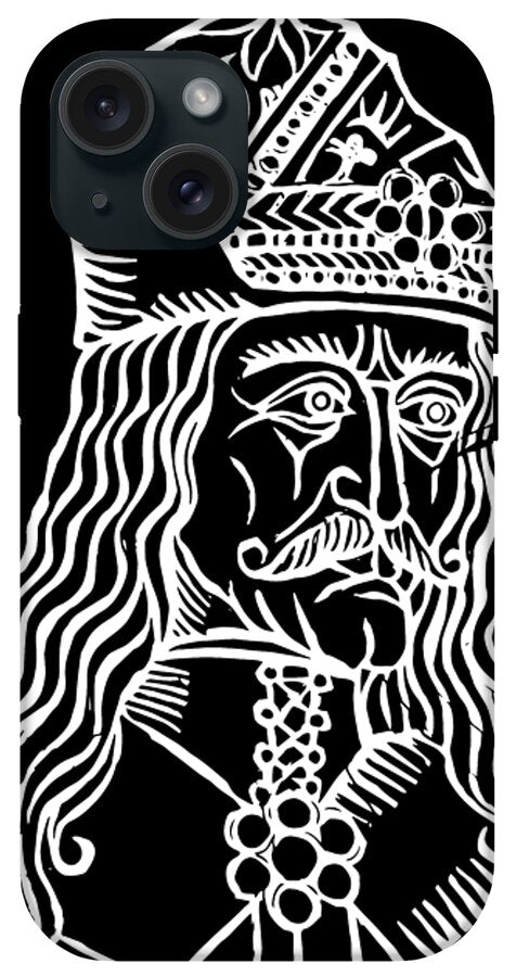 Phone case with black back and white woodcut-style Dracula portrait and patterned details.
