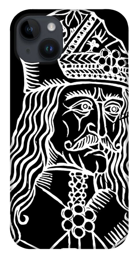 Black phone case showing a white woodcut Dracula portrait with patterned collar