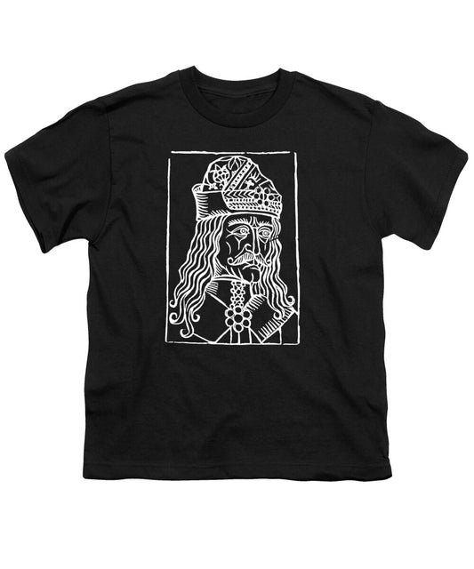 Youth T-shirt, black with white Dracula woodcut face graphic in a rectangular frame