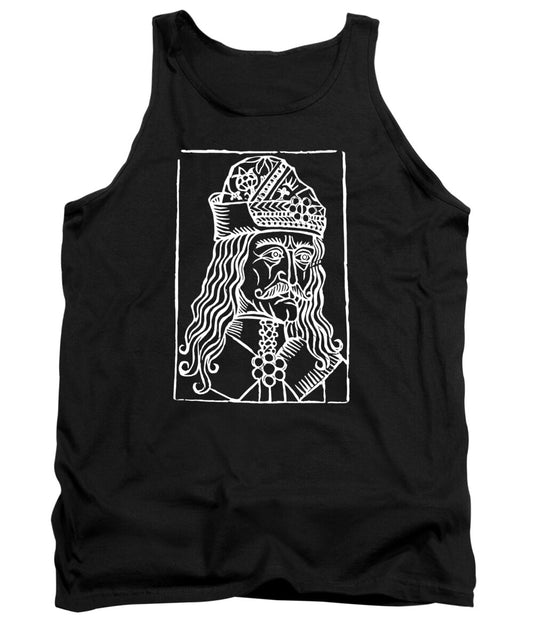 Black tank top with white Dracula woodcut graphic on the chest.