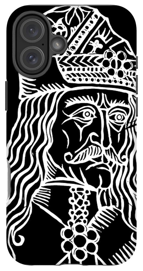 Black phone case with white woodcut Dracula face, ornate crown, and triple camera lens cutout.