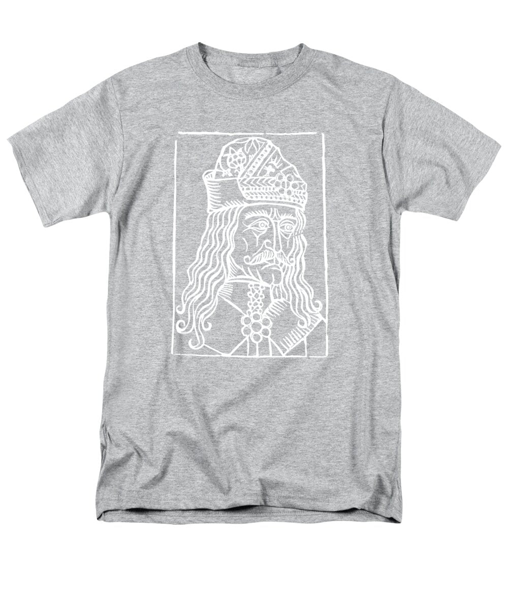 Men's light gray T-shirt with white rectangular Dracula woodcut graphic on chest