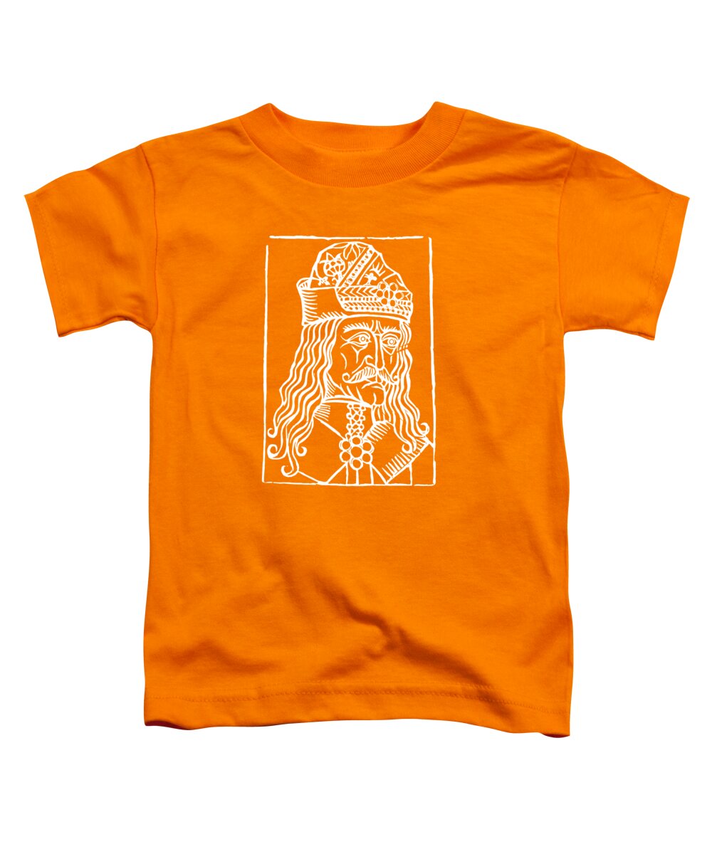 Toddler orange t-shirt with white square woodcut-style Dracula face graphic