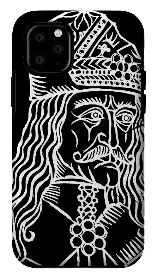 Black phone case with white woodcut Dracula portrait and ornate cross, triple camera cutouts