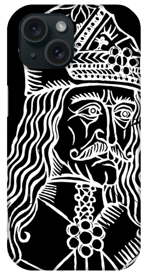 Phone case with black back and white woodcut Dracula face; triple camera lenses shown.