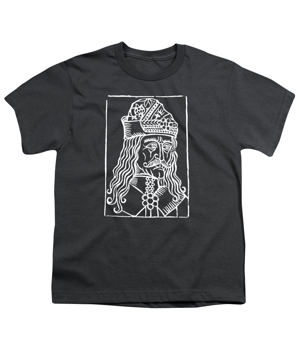 Youth T-shirt, dark charcoal with white Dracula woodcut face graphic in a rectangular frame