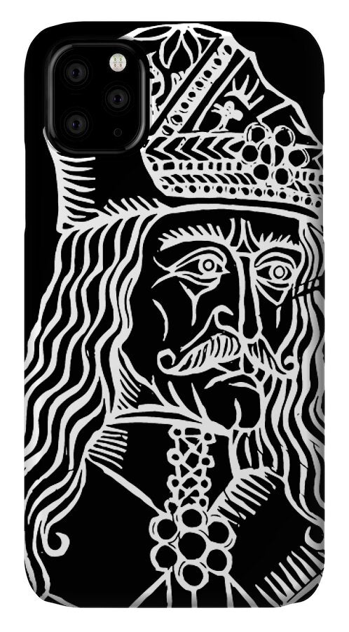 Black phone case with white woodcut-style Dracula portrait and ornate cross, triple camera cutouts