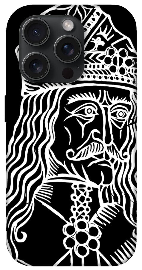 Phone case with black back featuring white woodcut Dracula portrait and ornamental band.