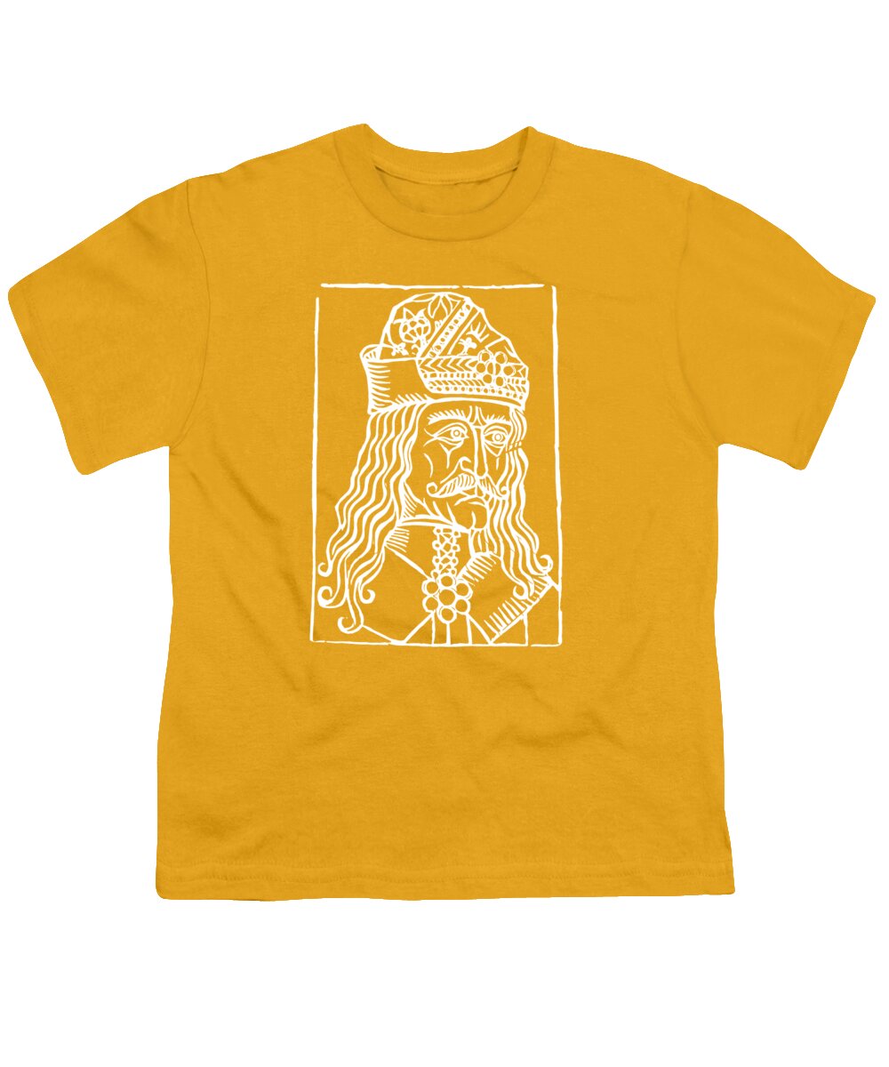 Youth T-shirt, gold yellow with white Dracula woodcut face graphic in a rectangular frame