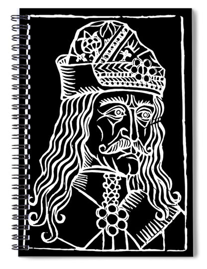 Spiral notebook with black cover and white woodcut-style Dracula illustration
