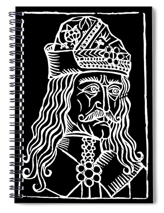 Spiral notebook with black cover and white woodcut-style Dracula illustration