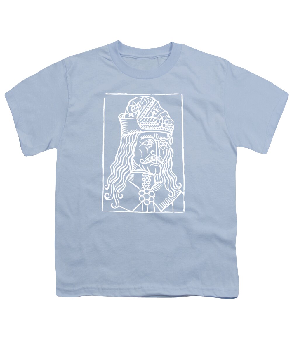 Youth T-shirt, light blue, crew neck, white woodcut-style Dracula portrait print in square