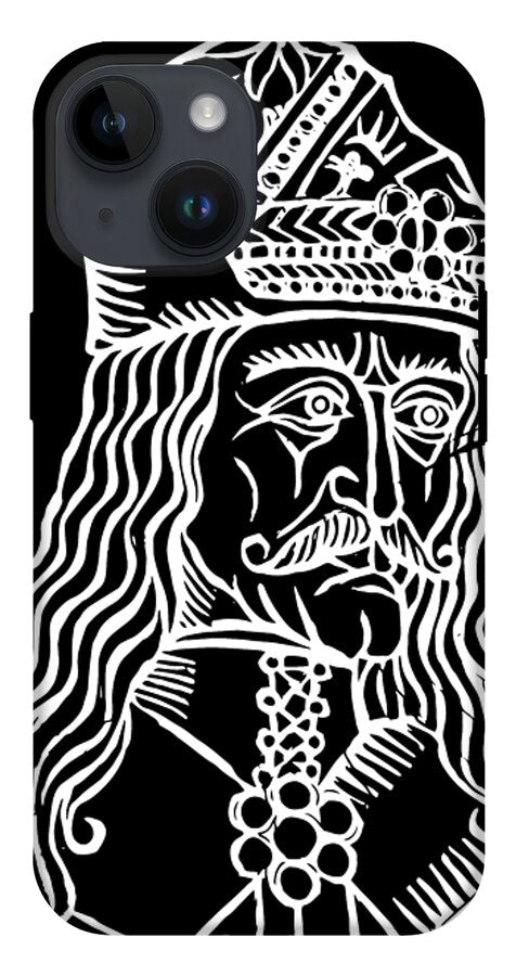 Black phone case with white woodcut-style Dracula illustration, visible camera cutouts