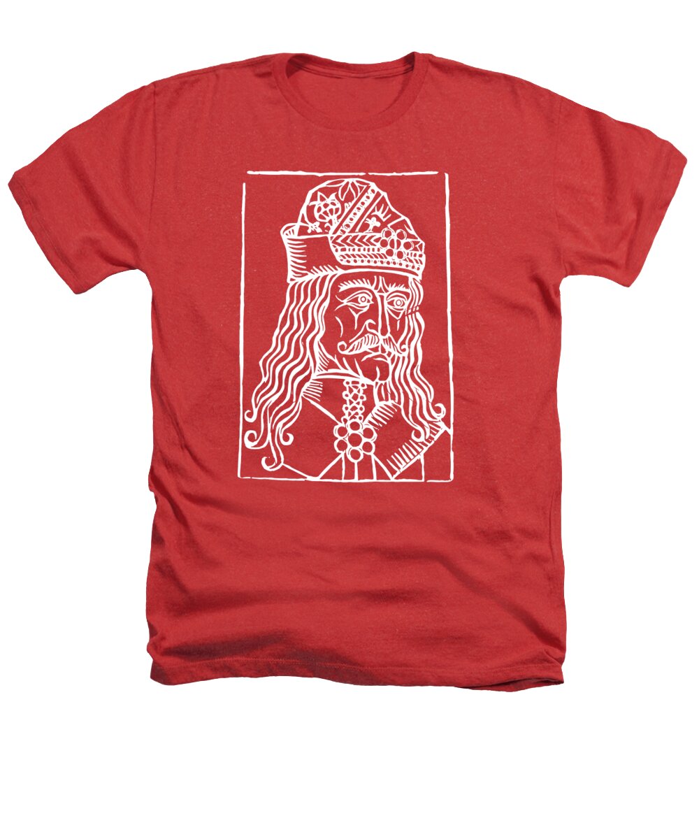 Red heather T-shirt with white Dracula woodcut portrait graphic
