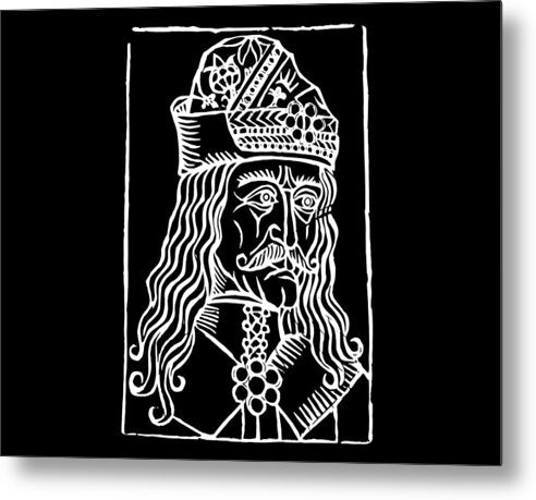 Dracula woodcut metal print with white portrait figure on dark background