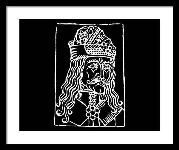 Framed woodcut print with white mat border, crowned Dracula portrait in white on black.