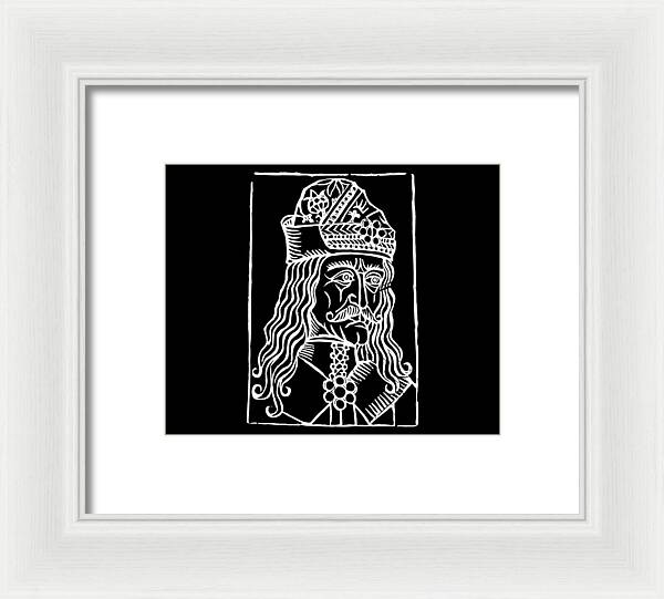 Framed print of Dracula woodcut portrait, white frame with black artwork panel and white mat.