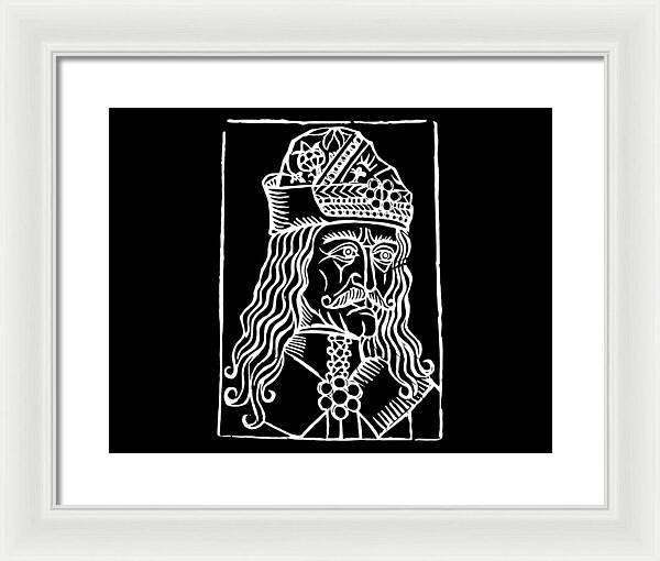 Framed woodcut print with white frame, showing crowned Dracula portrait in white on black.