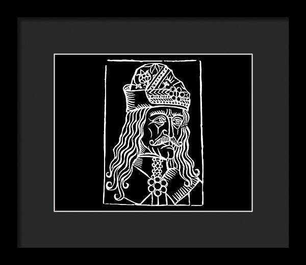 Framed print of Dracula woodcut portrait, black frame with dark mat and centered white-lined figure.