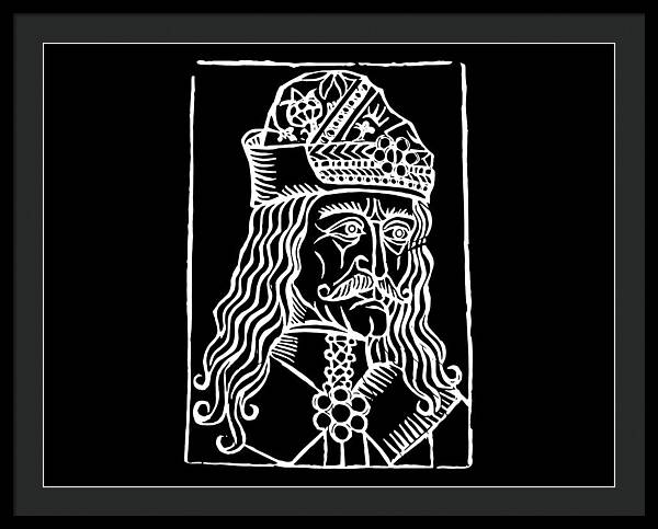 Black framed print with white woodcut portrait of a crowned vampire on black background.