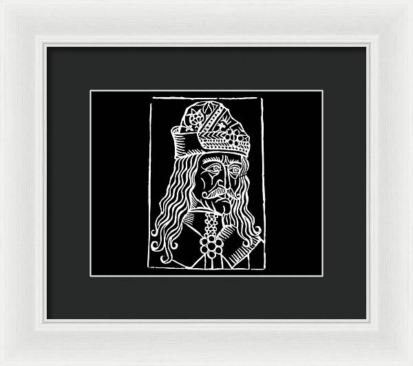 Framed woodcut portrait print of a crowned man, white frame with black mat.