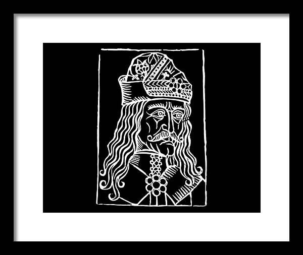 Framed woodcut portrait print of a crowned man, black frame with light mat.