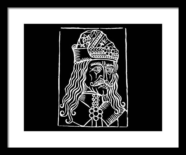 Framed woodcut portrait print of a crowned man, light frame with white mat.