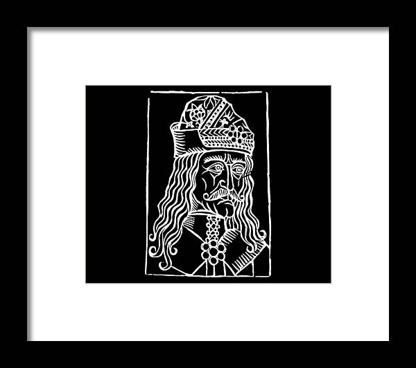 Framed print of Dracula woodcut portrait, light frame with white mat and black artwork panel.