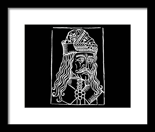 Framed woodcut portrait print of a crowned man, black frame with white mat.