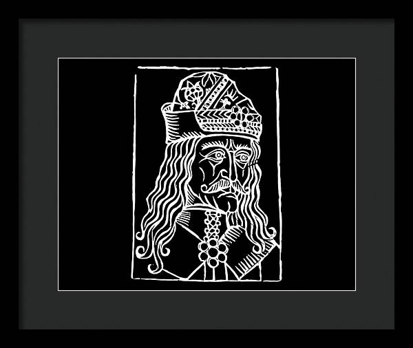 Framed woodcut portrait print of a crowned man, dark frame with dark mat.