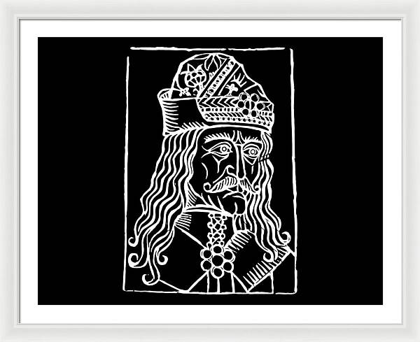 White framed print with white woodcut portrait of a crowned vampire on black background.