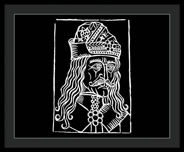 Black framed print with white woodcut portrait of a crowned vampire on black background.