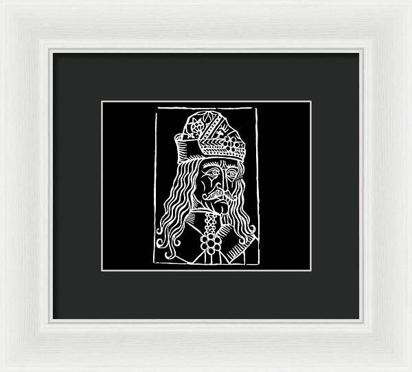 Framed print of Dracula woodcut portrait, white frame with dark mat and white line art.