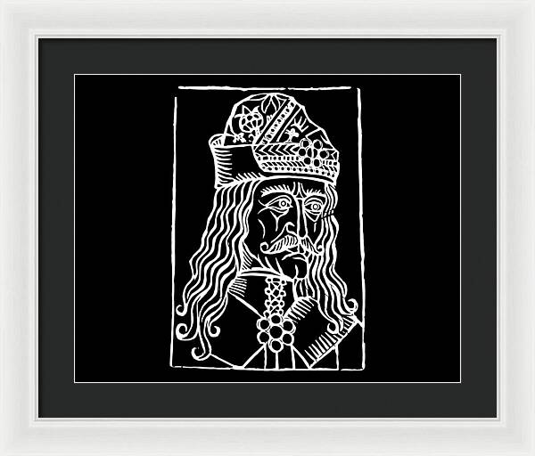 Framed woodcut print with white frame and dark mat, crowned Dracula portrait in white on black.