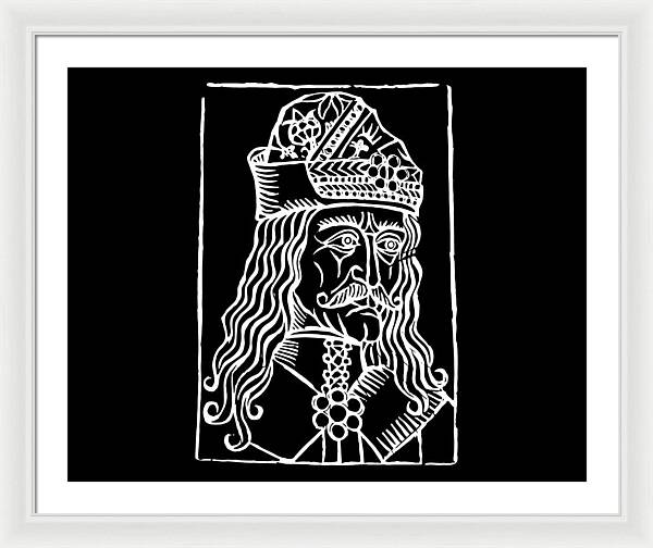 White framed print with white woodcut portrait of a crowned vampire centered on black.