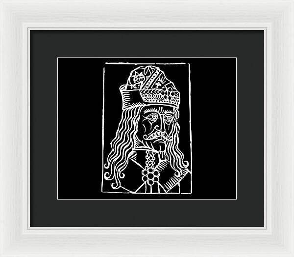 Framed woodcut portrait print of a crowned man, light frame with dark mat.