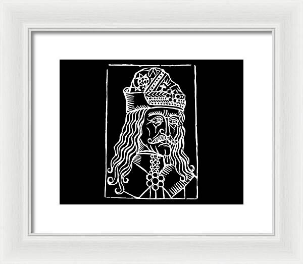 Framed woodcut portrait print of a crowned man, light frame with white mat.