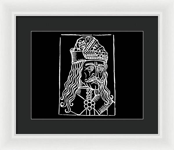 Framed woodcut portrait print of a crowned man, light frame with dark mat.