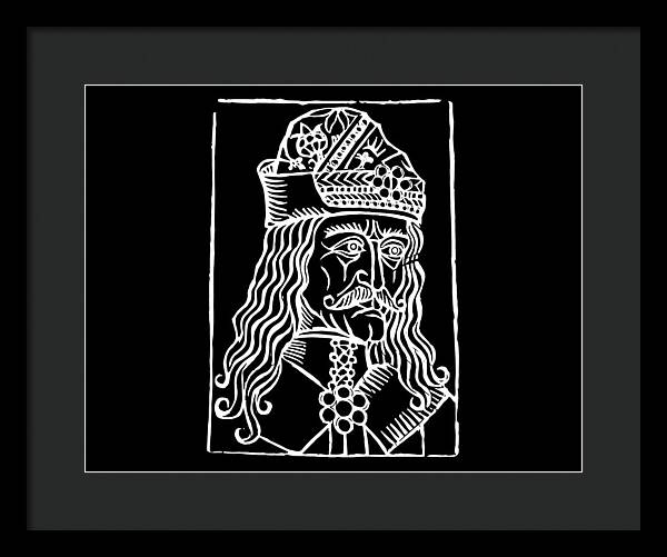 Framed woodcut print of a crowned Dracula portrait in white line art on black.