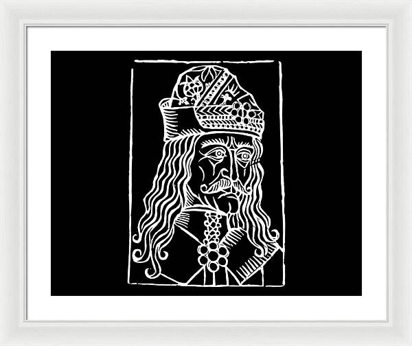 White framed print with white woodcut portrait of a crowned vampire on black background.
