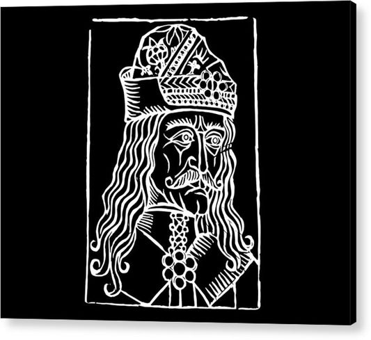 Acrylic print: white woodcut-style portrait of Vlad Tepes on black