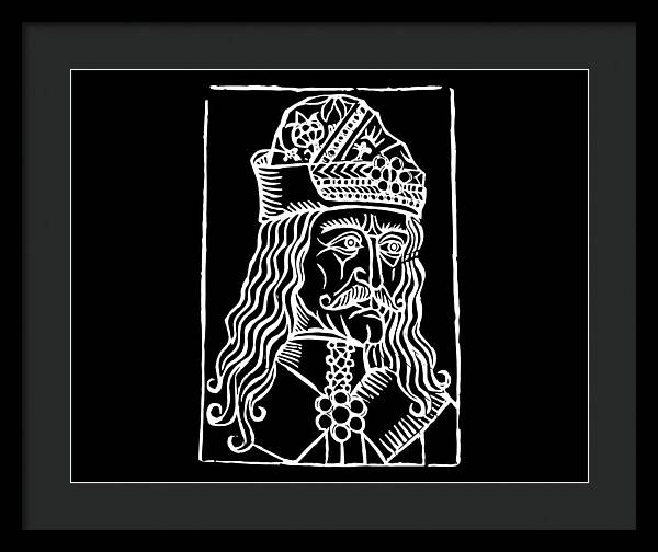 Framed woodcut print with dark frame, crowned Dracula portrait in white on black.