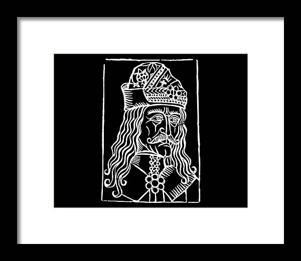 Framed print of Dracula woodcut portrait, black frame with white mat and black artwork panel.