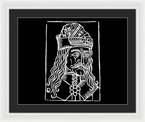 Black mat, white framed print with white woodcut portrait of a crowned vampire on black.