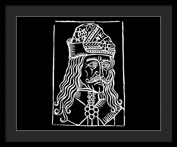 Black framed print with white woodcut portrait of a crowned vampire on black background.