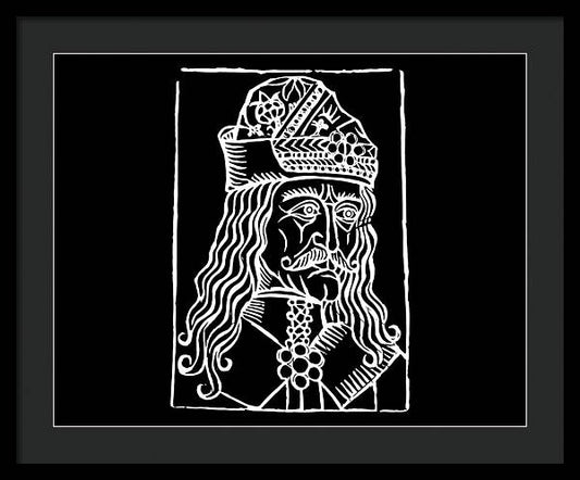 Black framed print with white woodcut portrait of a crowned vampire on black background.