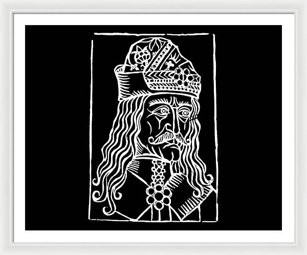 Framed print of Dracula woodcut portrait, light frame with black mat and white line drawing.